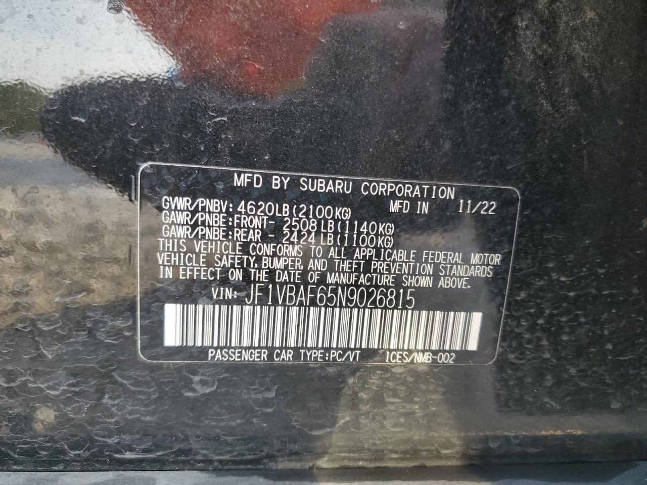 2022 SUBARU WRX PREMIUM VIN:JF1VBAF65N9026815