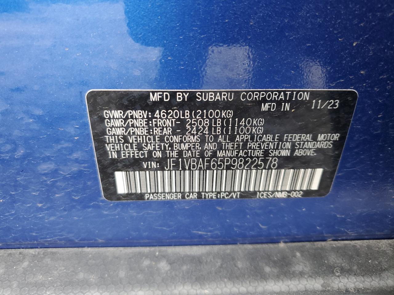 2023 SUBARU WRX PREMIUM VIN:JF1VBAF65P9822578