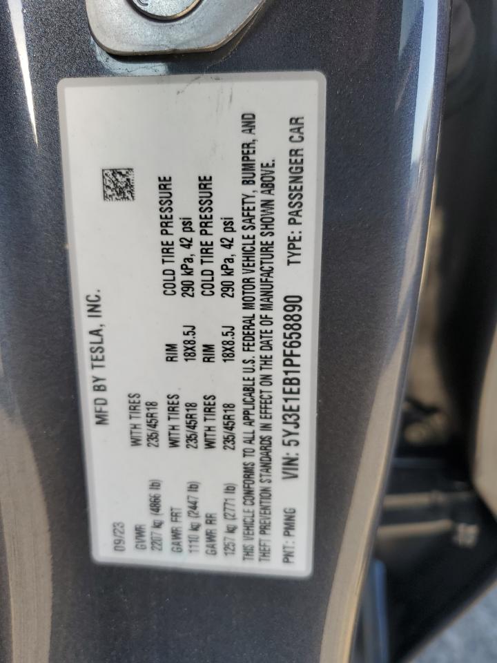 2023 TESLA MODEL 3 VIN:5YJ3E1EB1PF658890