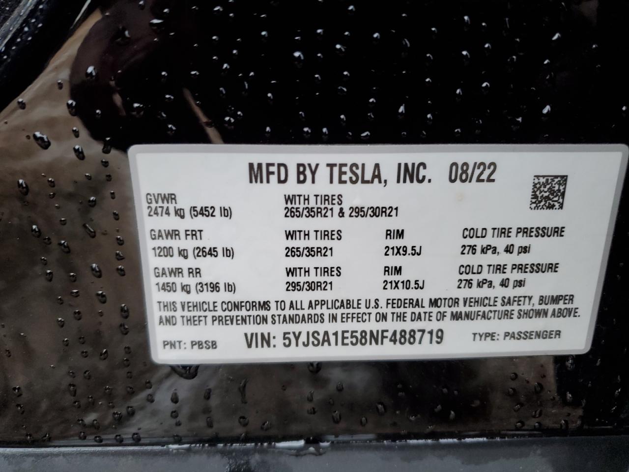 2022 TESLA MODEL S VIN:5YJSA1E58NF488719