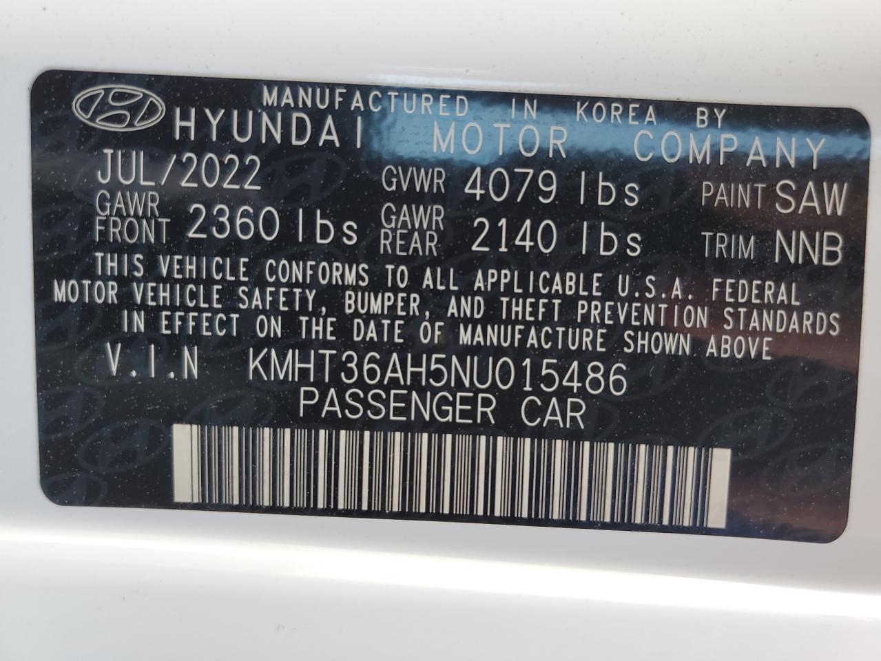 2022 HYUNDAI VELOSTER N VIN:KMHT36AH5NU015486