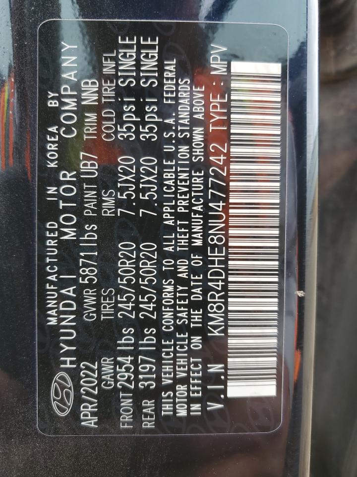 2022 HYUNDAI PALISADE SEL VIN:KM8R4DHE8NU477242