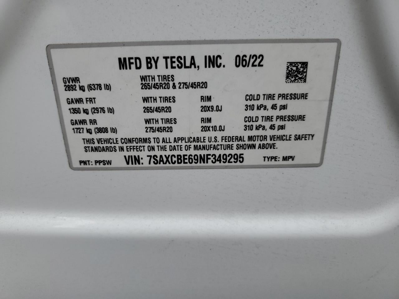 2022 TESLA MODEL X VIN:7SAXCBE69NF349295