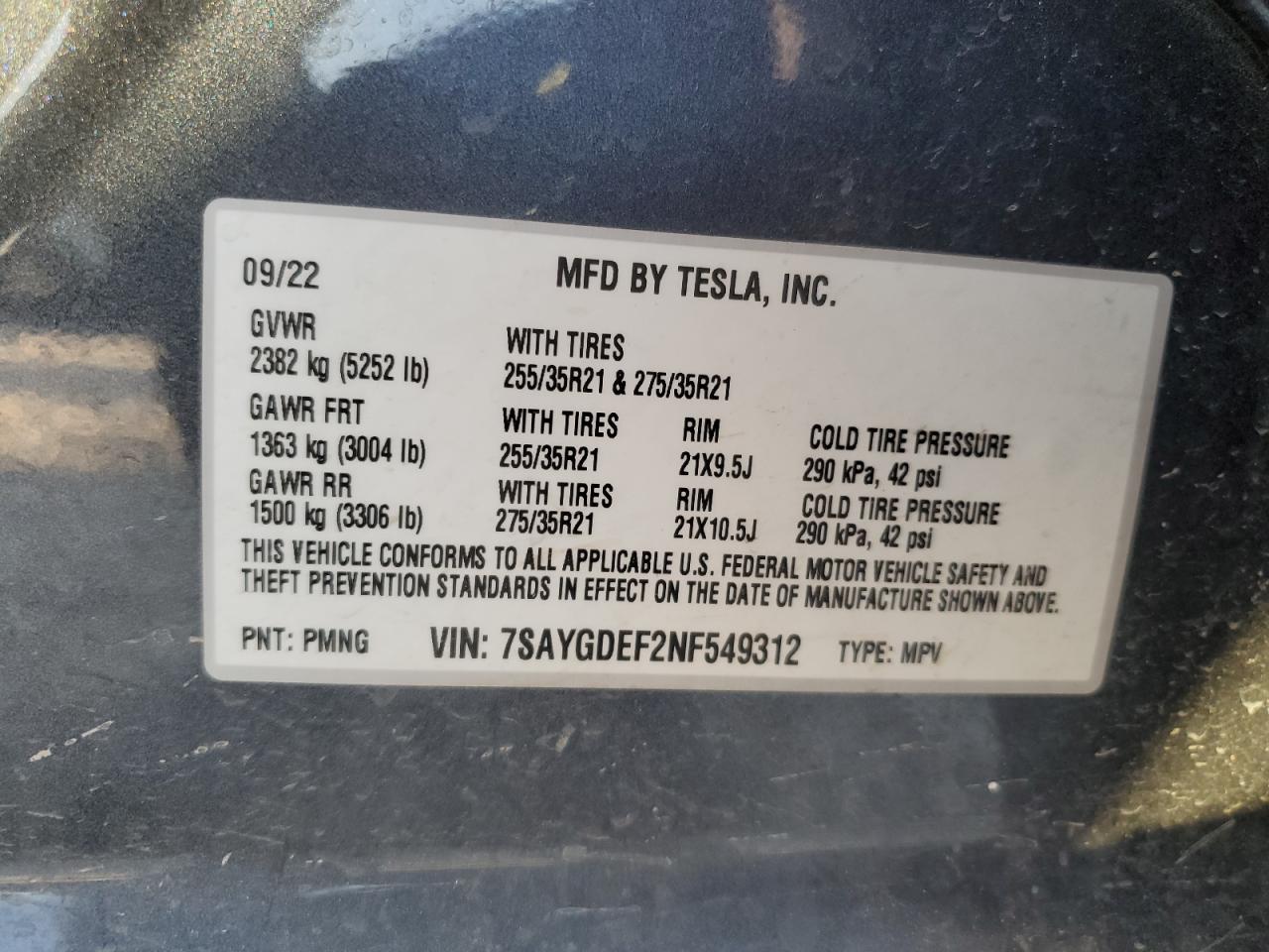 2022 TESLA MODEL Y VIN:7SAYGDEF2NF549312