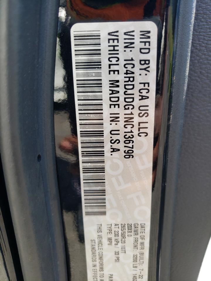 2022 DODGE DURANGO GT VIN:1C4RDJDG1NC136796