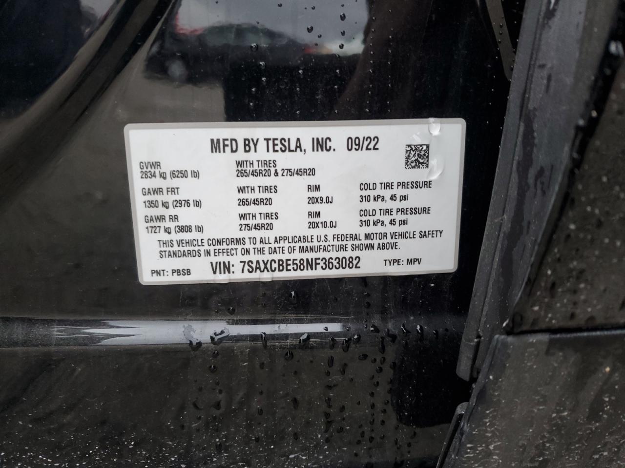 2022 TESLA MODEL X VIN:1B3HB78K78D625836