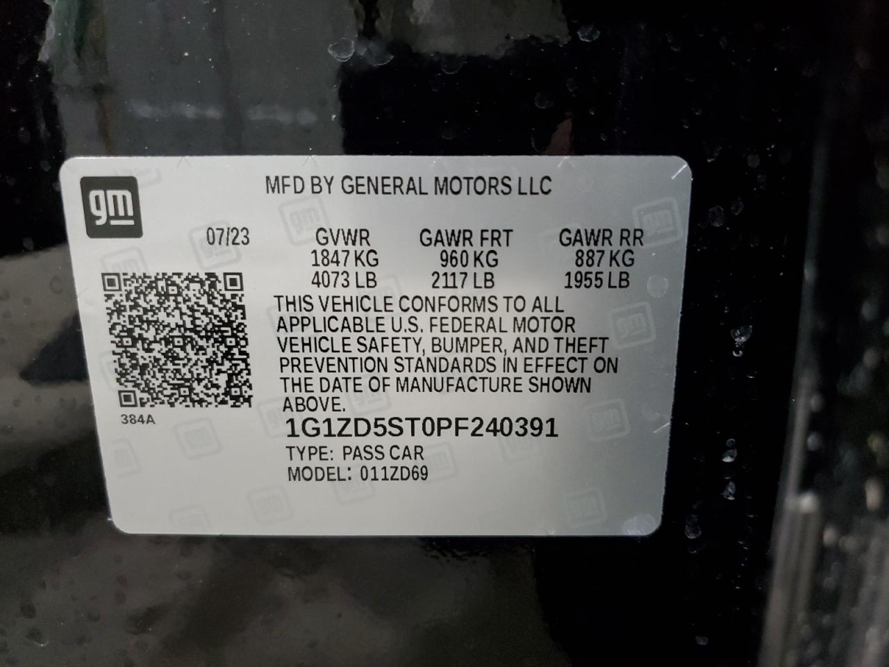 2023 CHEVROLET MALIBU LT VIN:1G1ZD5ST0PF240391