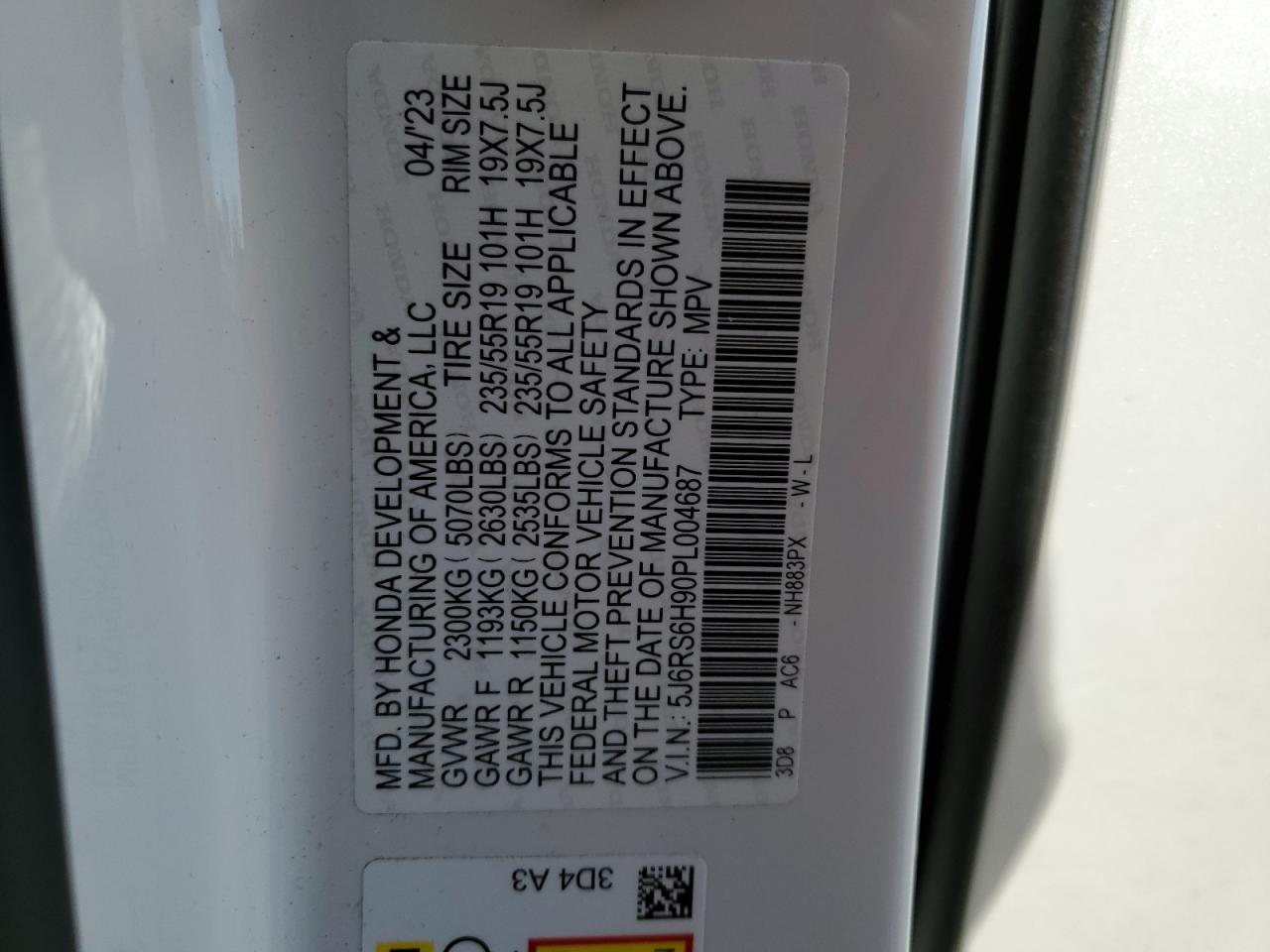 2023 HONDA CR-V SPORT TOURING VIN:5J6RS6H90PL004687
