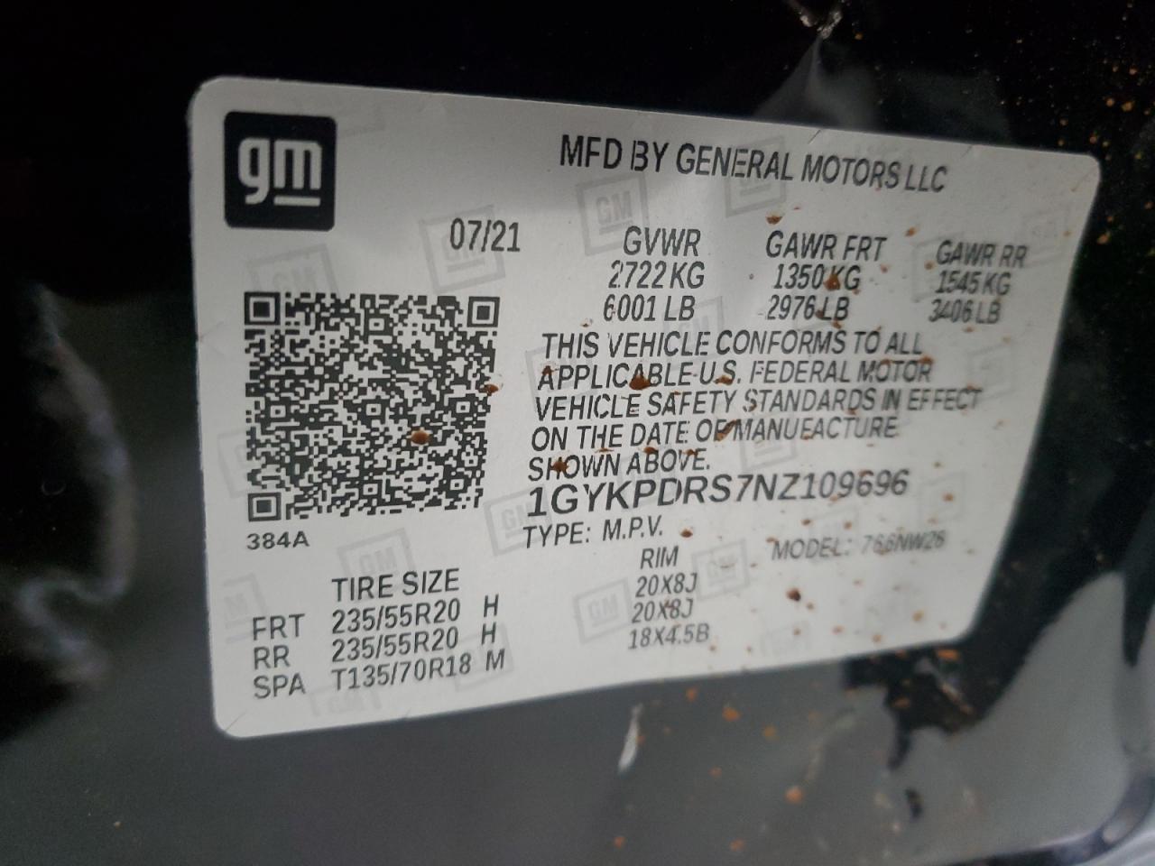 2022 CADILLAC XT6 PREMIUM LUXURY VIN:1GYKPDRS7NZ109696