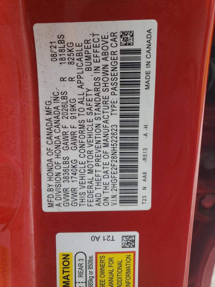 2022 HONDA CIVIC LX VIN:2HGFE2F28NH522623