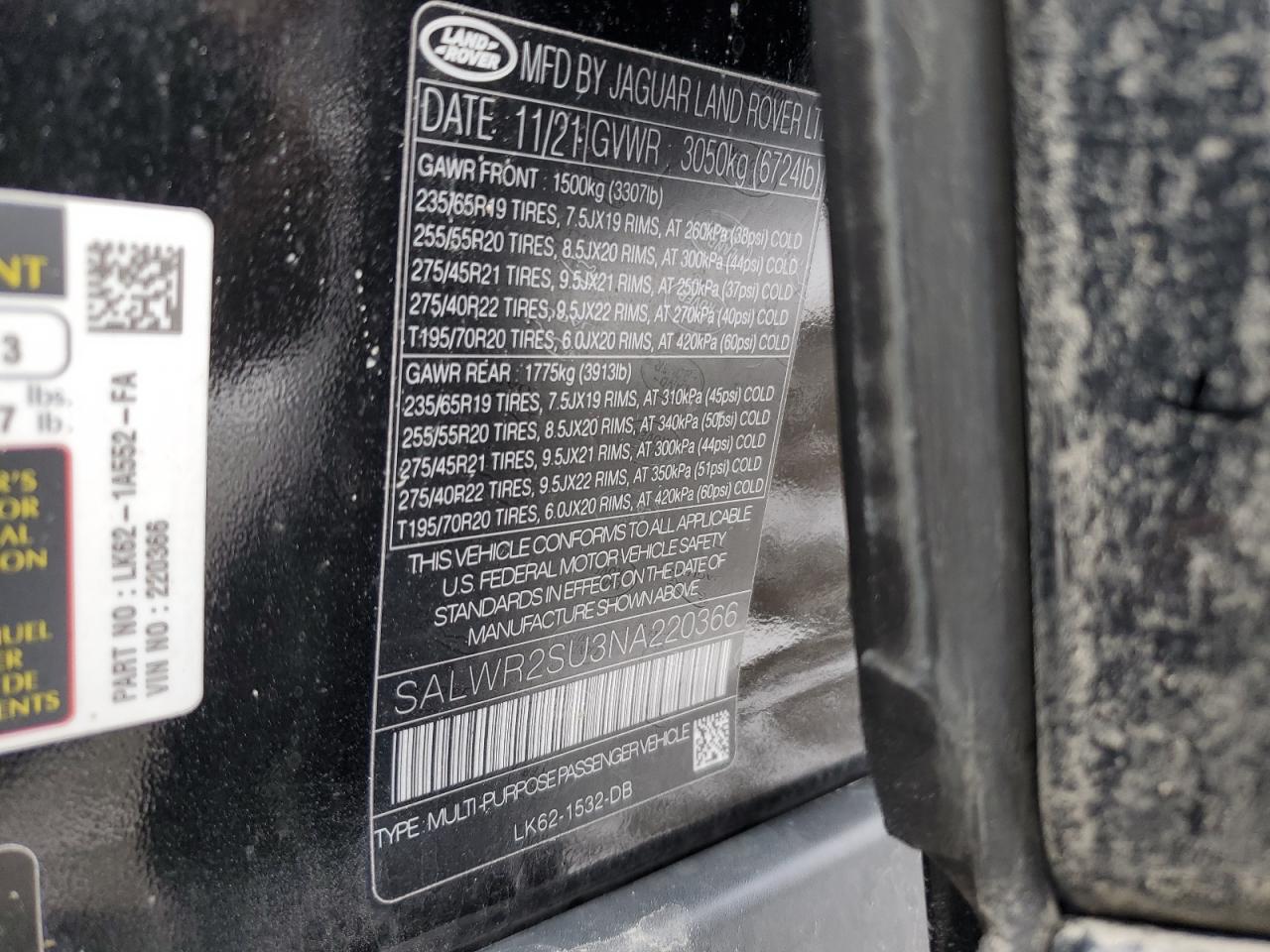 2022 LAND ROVER RANGE ROVER SPORT HSE SILVER EDITION VIN:SALWR2SU3NA220366