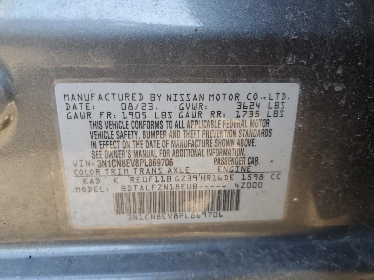 2023 NISSAN VERSA SV VIN:3N1CN8EV8PL869706