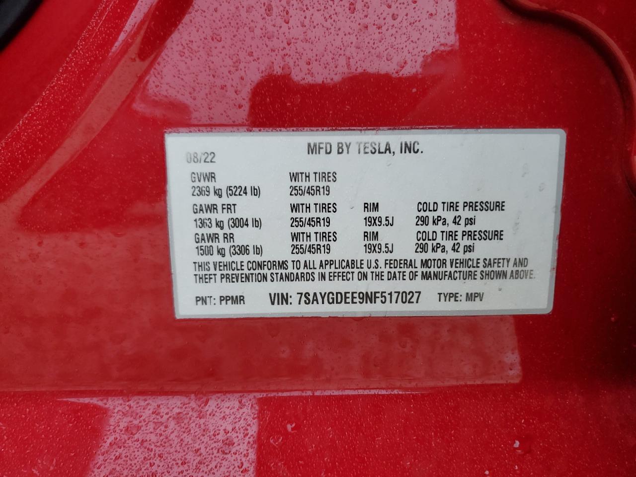 2022 TESLA MODEL Y VIN:7SAYGDEE9NF517027