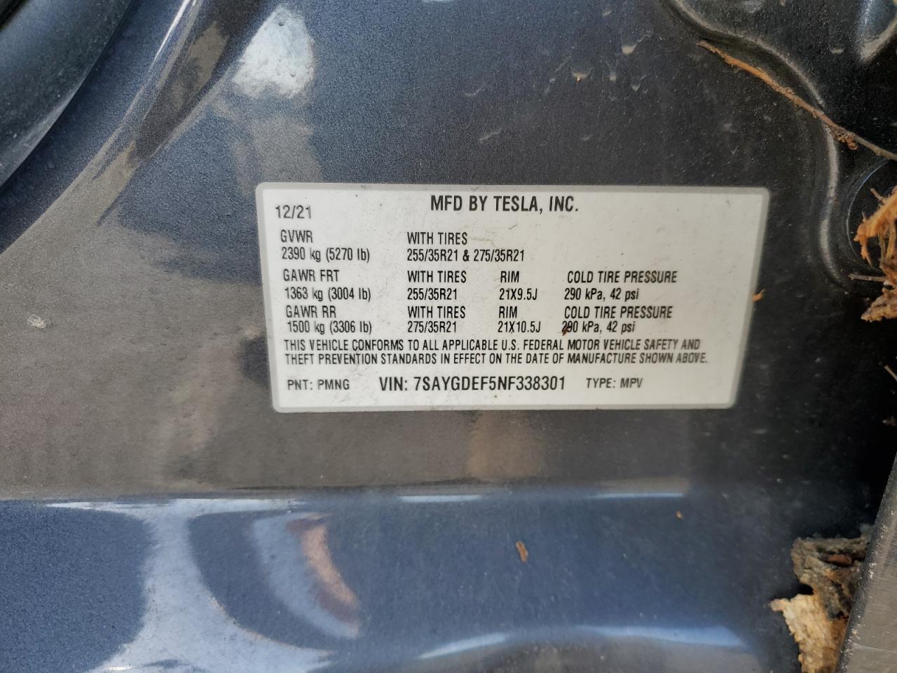 2022 TESLA MODEL Y VIN:7SAYGDEF5NF338301