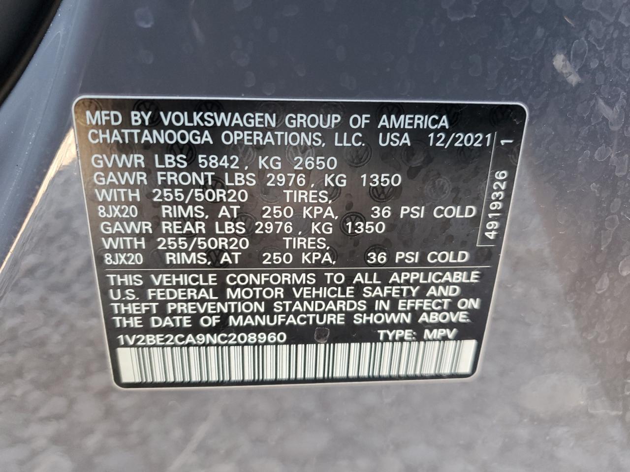 2022 VOLKSWAGEN ATLAS CROSS SPORT SEL VIN:1V2BE2CA9NC208960