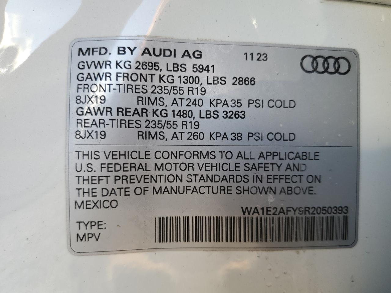 2024 AUDI Q5 E PREMIUM PLUS 55 VIN:WA1E2AFY9R2050393