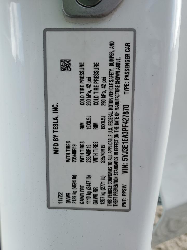2023 TESLA MODEL 3 VIN:5YJ3E1EA3PF427870