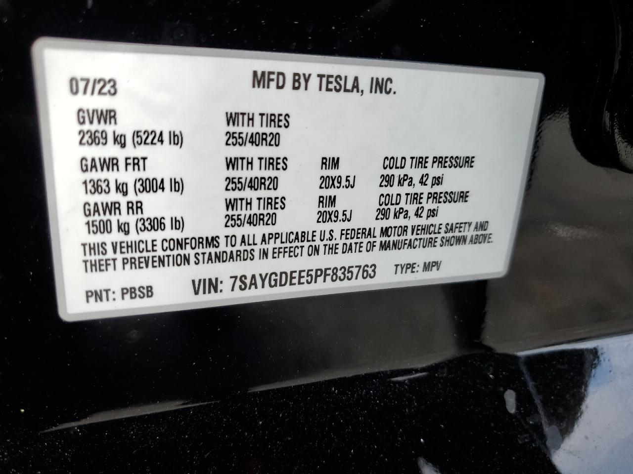 2023 TESLA MODEL Y VIN:7SAYGDEE5PF835763