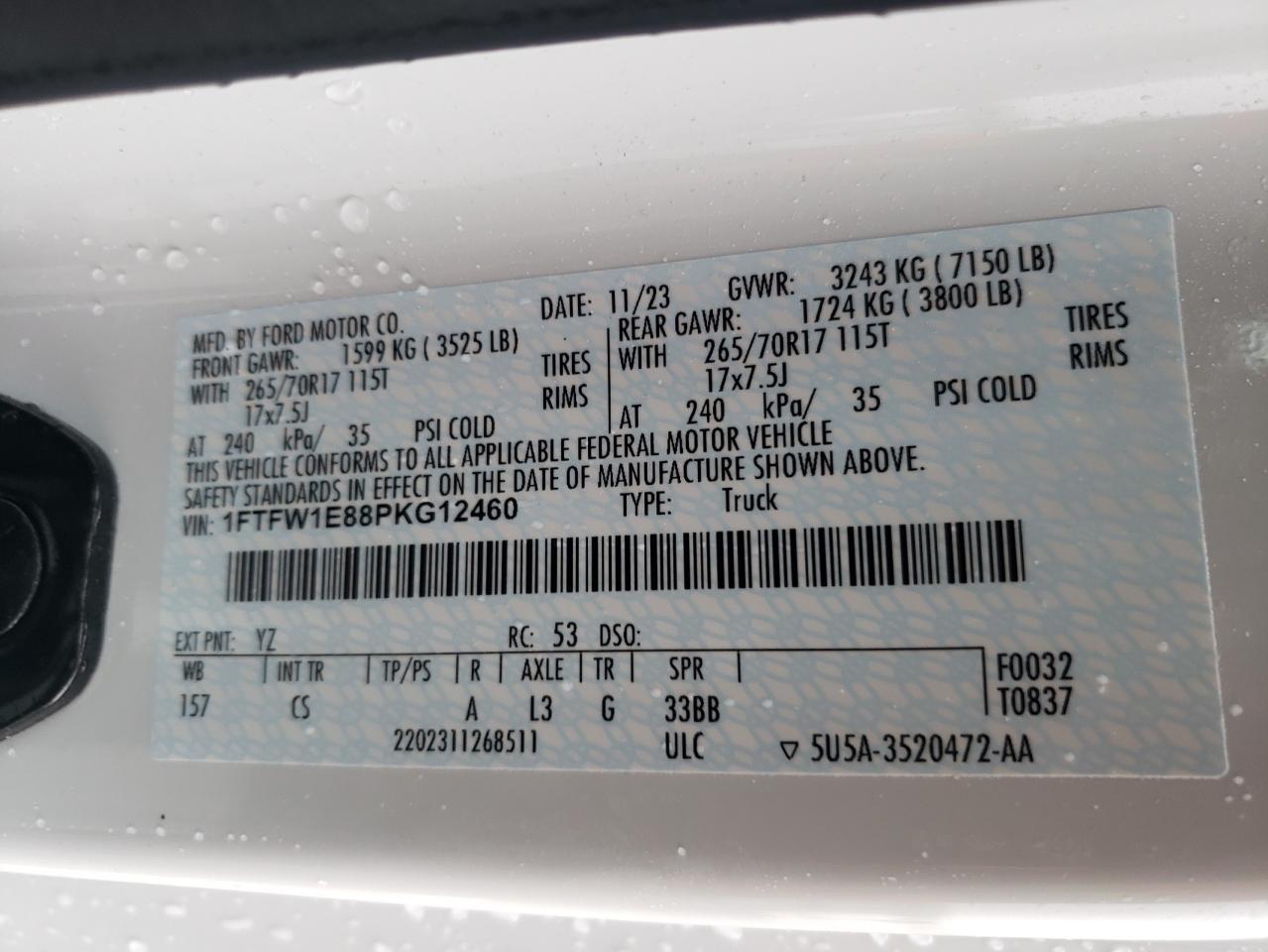 2023 FORD F150 SUPERCREW VIN:1FTFW1E88PKG12460