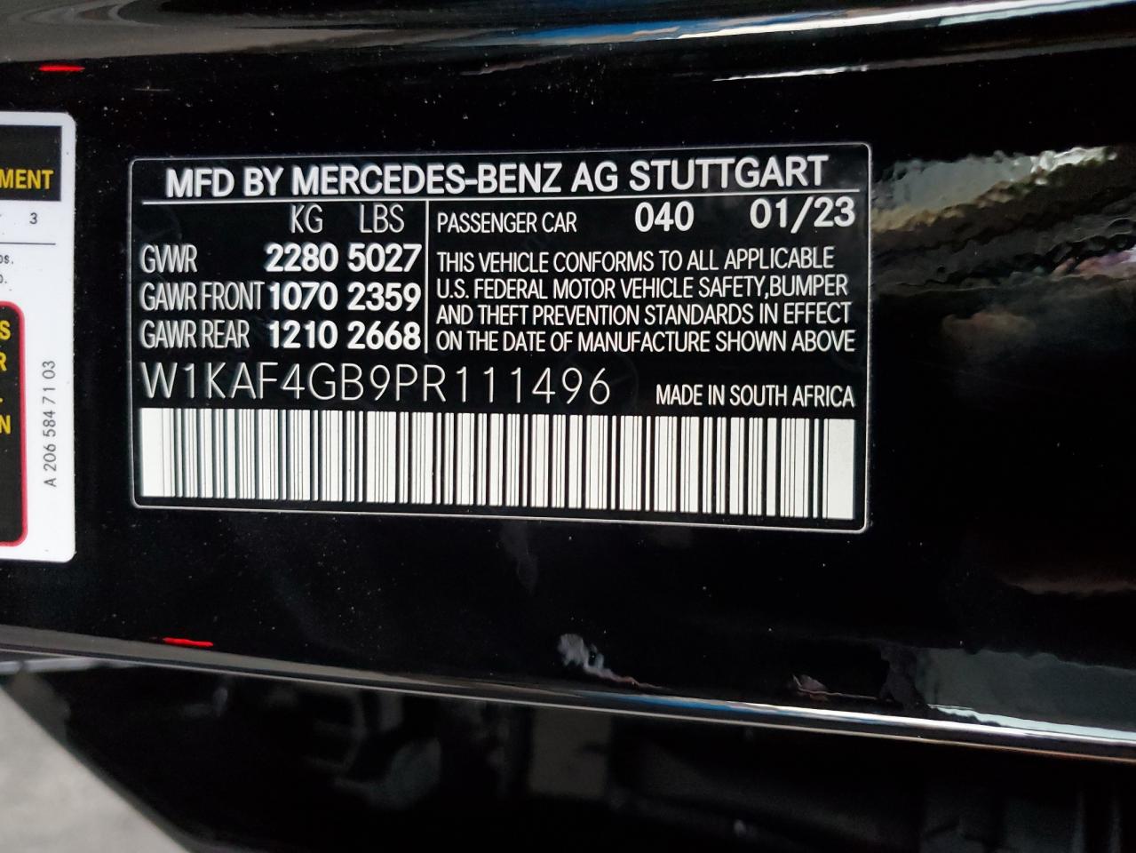 2023 MERCEDES-BENZ C 300 VIN:W1KAF4GB9PR111496