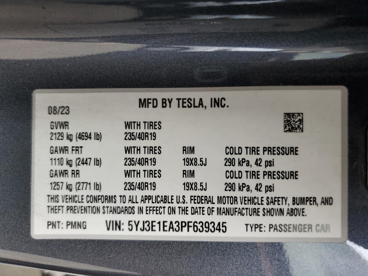 2023 TESLA MODEL 3 VIN:5YJ3E1EA3PF639345