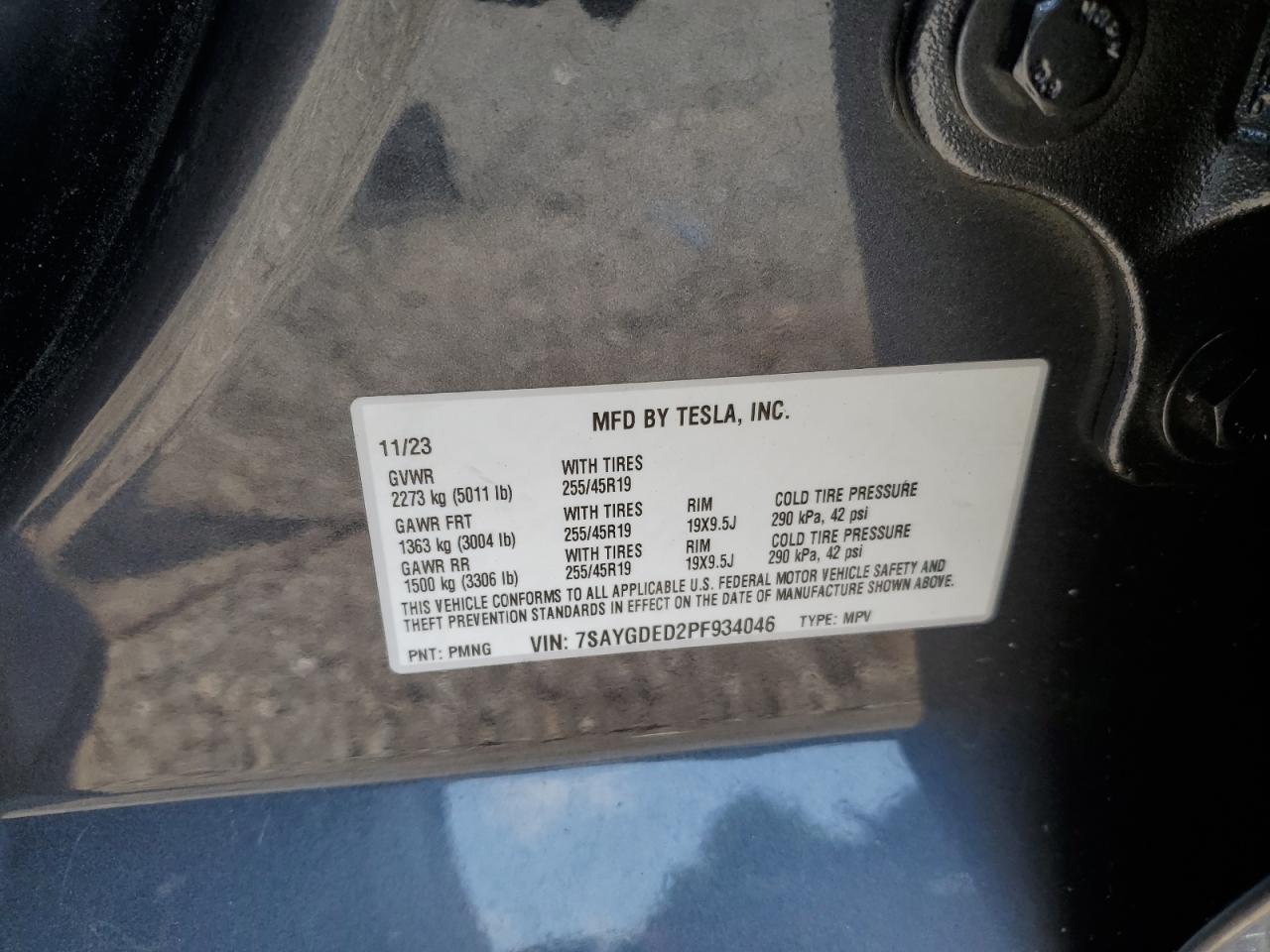 2023 TESLA MODEL Y VIN:7SAYGDED2PF934046