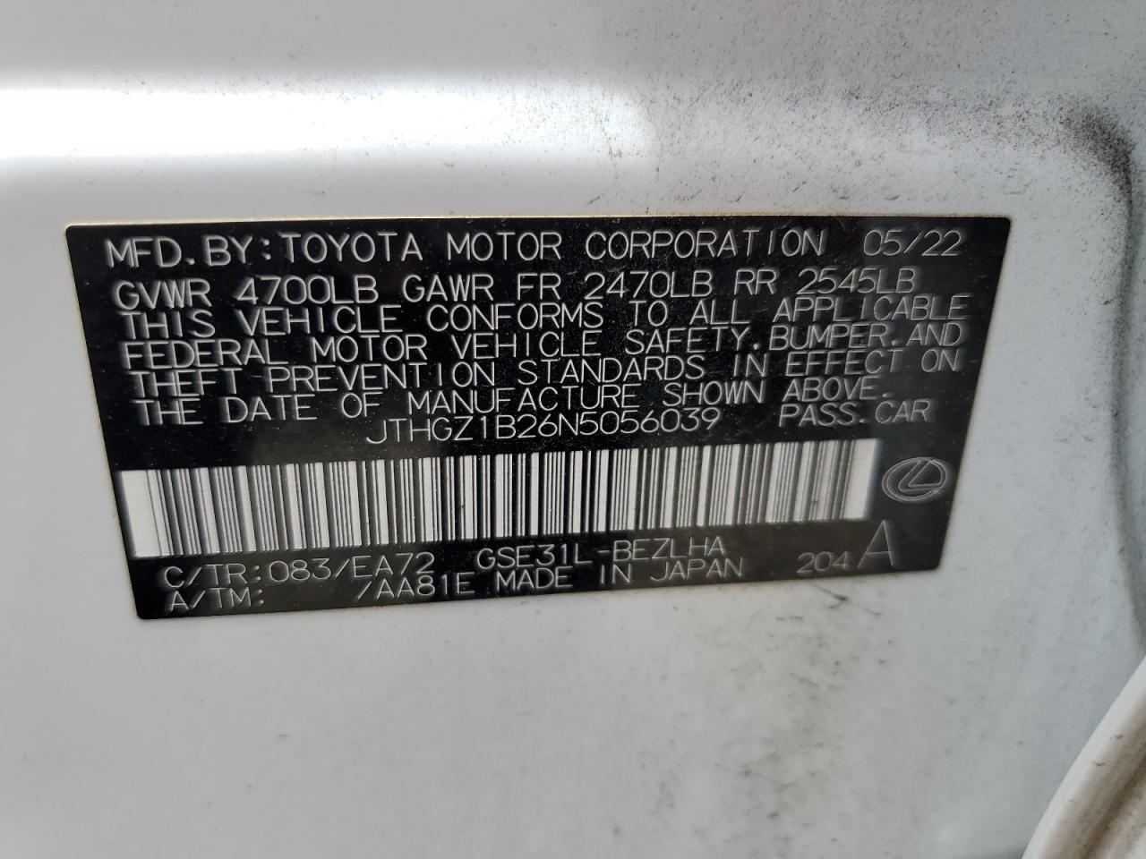 2022 LEXUS IS 350 F-SPORT VIN:JTHGZ1B26N5056039