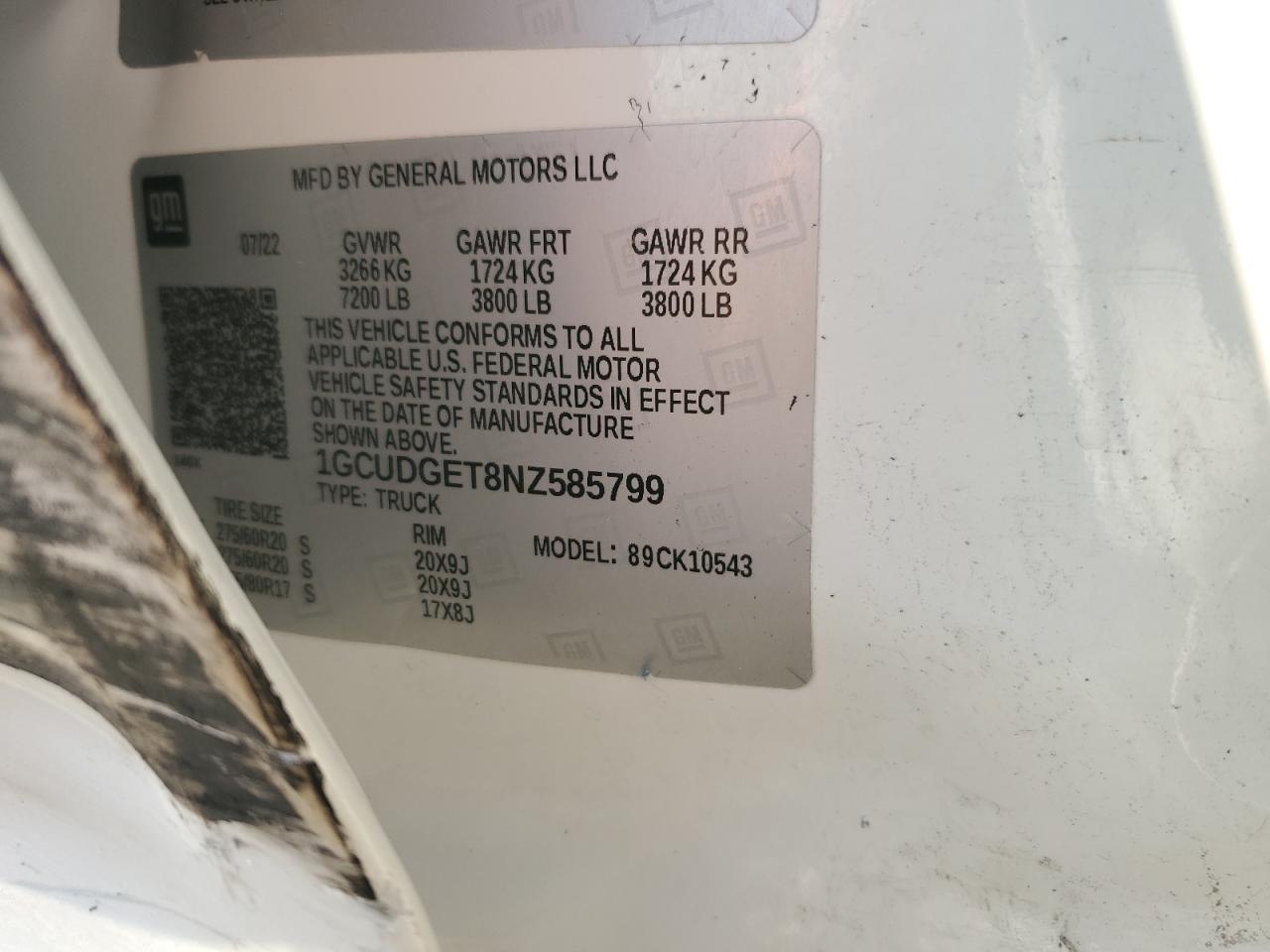 2022 CHEVROLET SILVERADO K1500 LTZ VIN:1GCUDGET8NZ585799