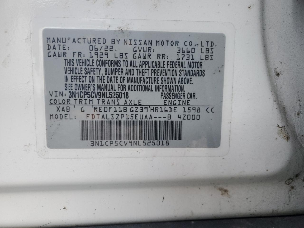 2022 NISSAN KICKS SV VIN:3N1CP5CV9NL525018