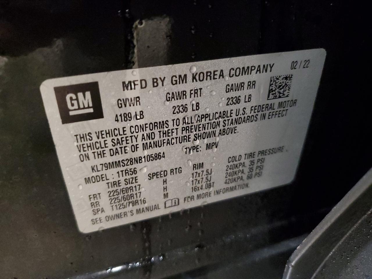 2022 CHEVROLET TRAILBLAZER LS VIN:KL79MMS28NB105864