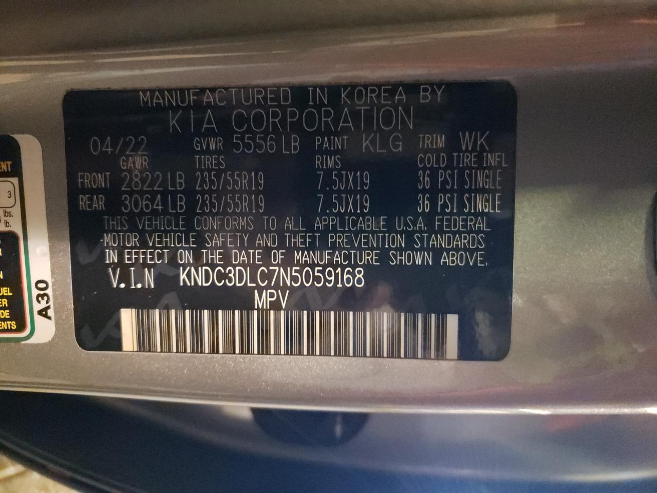 2022 KIA EV6 LIGHT VIN:5YFBURHE9GP410006