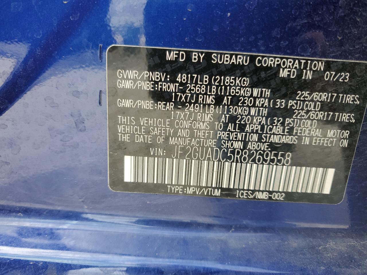 2024 SUBARU CROSSTREK PREMIUM VIN:JF2GUADC5R8269558