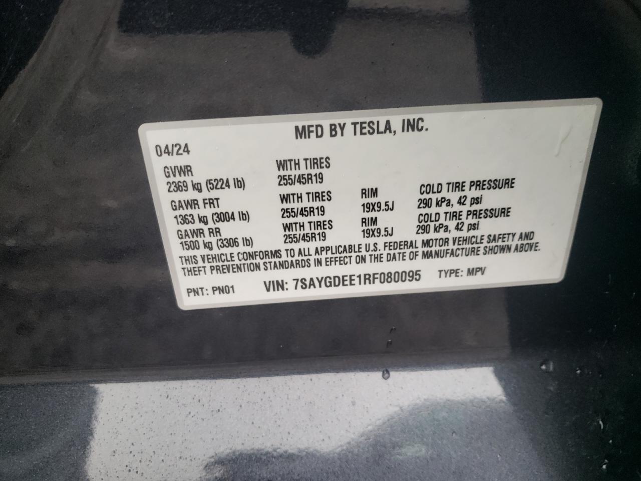2024 TESLA MODEL Y VIN:7SAYGDEE1RF080095
