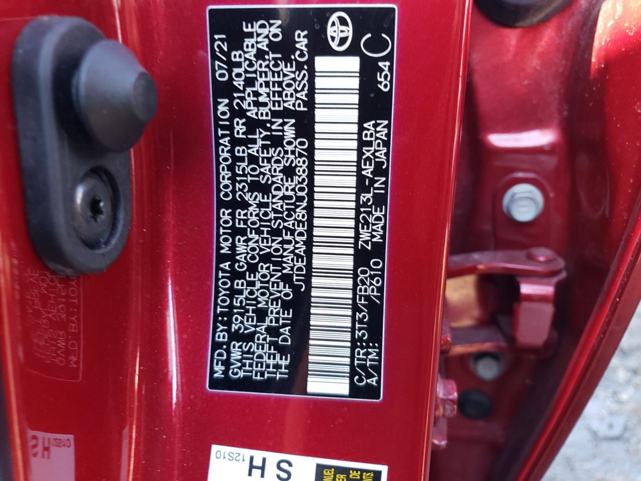 2022 TOYOTA COROLLA LE VIN:JTDEAMDE8NJ038870