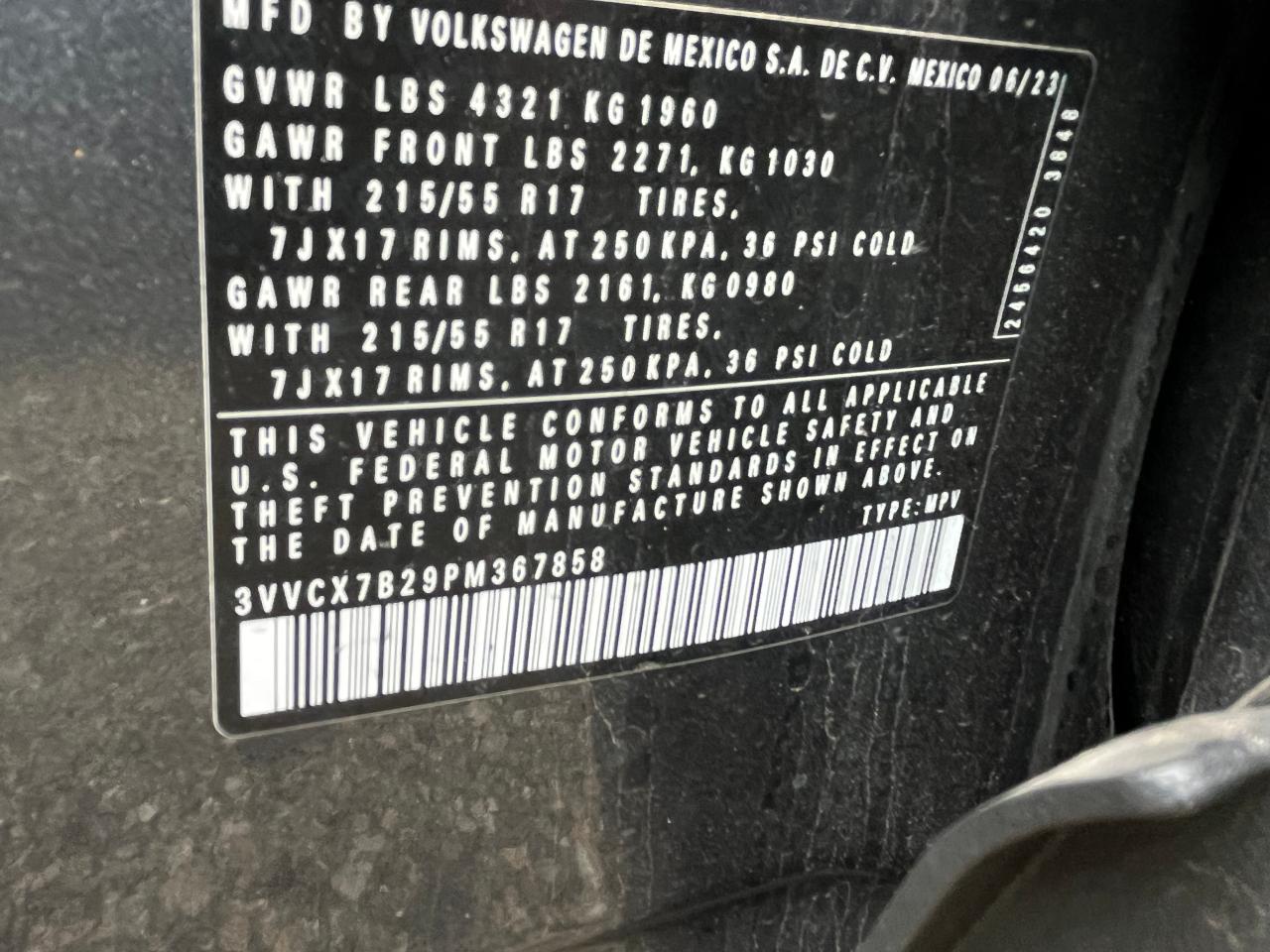 2023 VOLKSWAGEN TAOS S VIN:3VVCX7B29PM367858