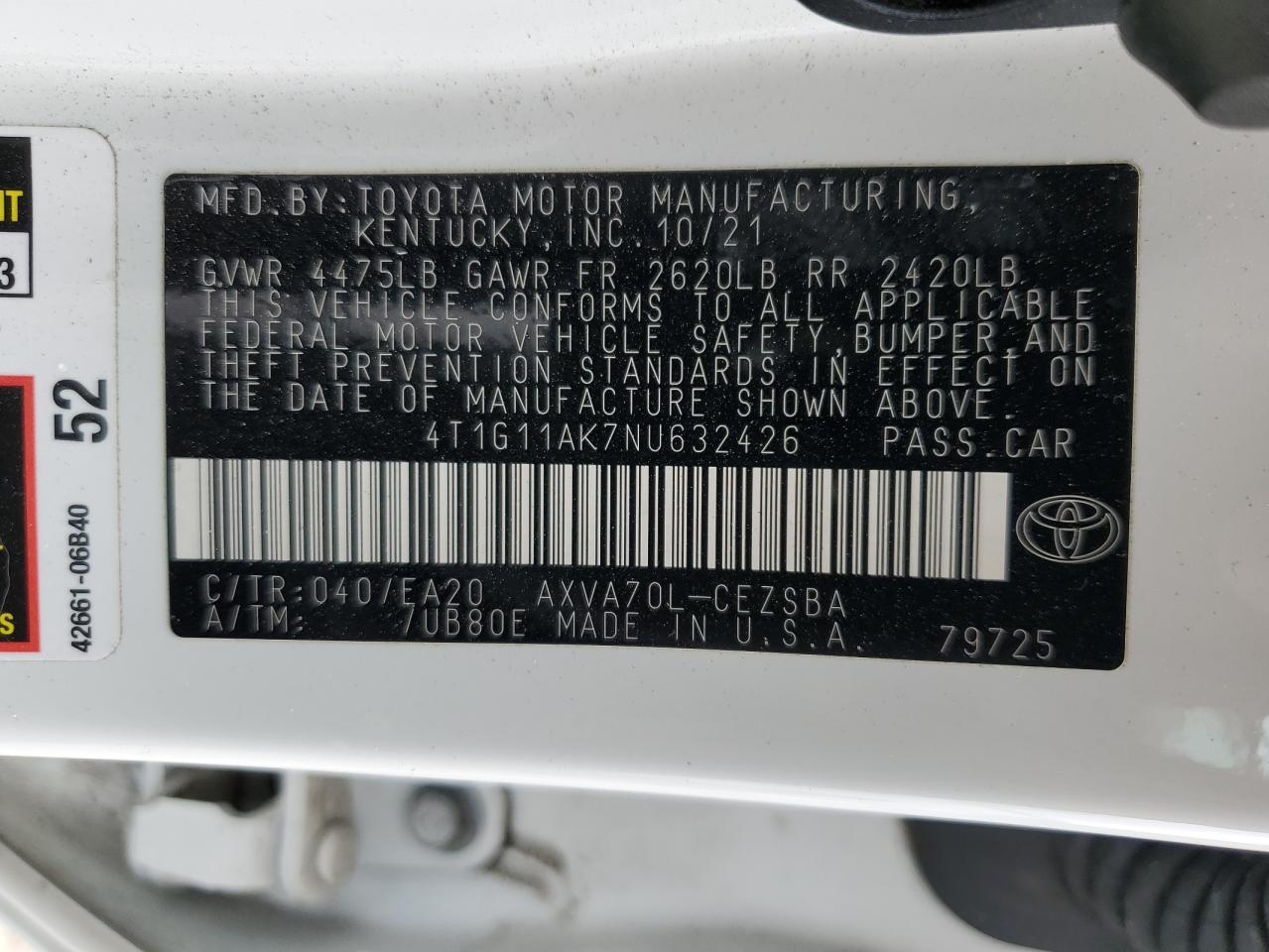 2022 TOYOTA CAMRY SE VIN:4T1G11AK7NU632426