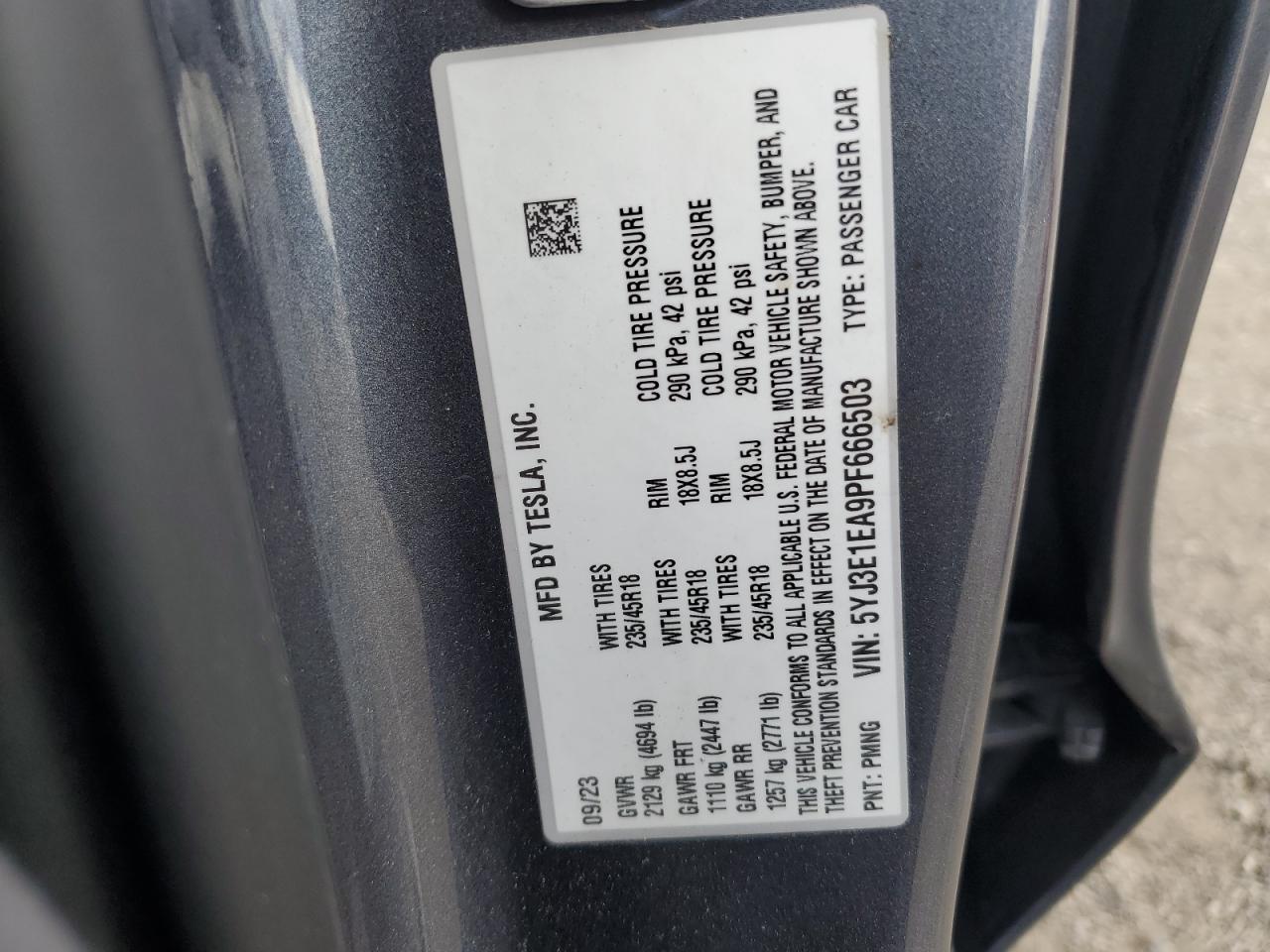 2023 TESLA MODEL 3 VIN:5YJ3E1EA9PF666503