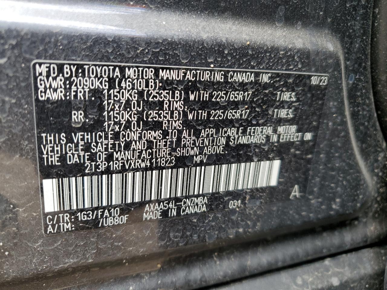 2024 TOYOTA RAV4 XLE VIN:2T3P1RFVXRW411823