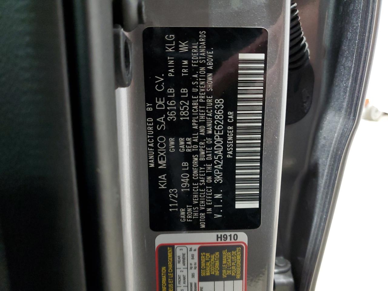 2023 KIA RIO S VIN:3KPA25AD0PE628638