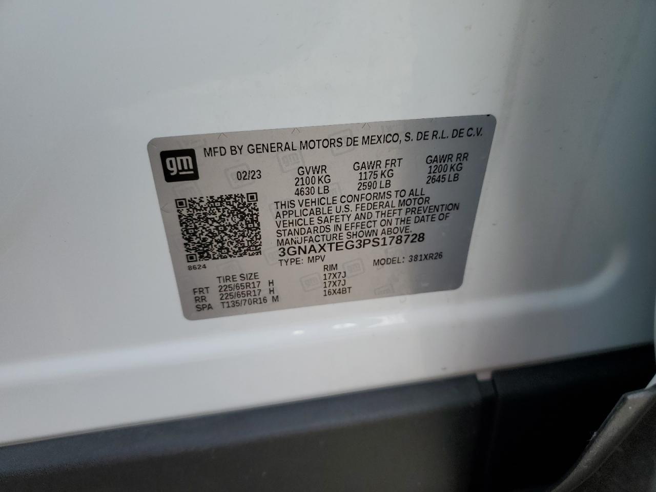 2023 CHEVROLET EQUINOX LT VIN:3GNAXTEG3PS178728