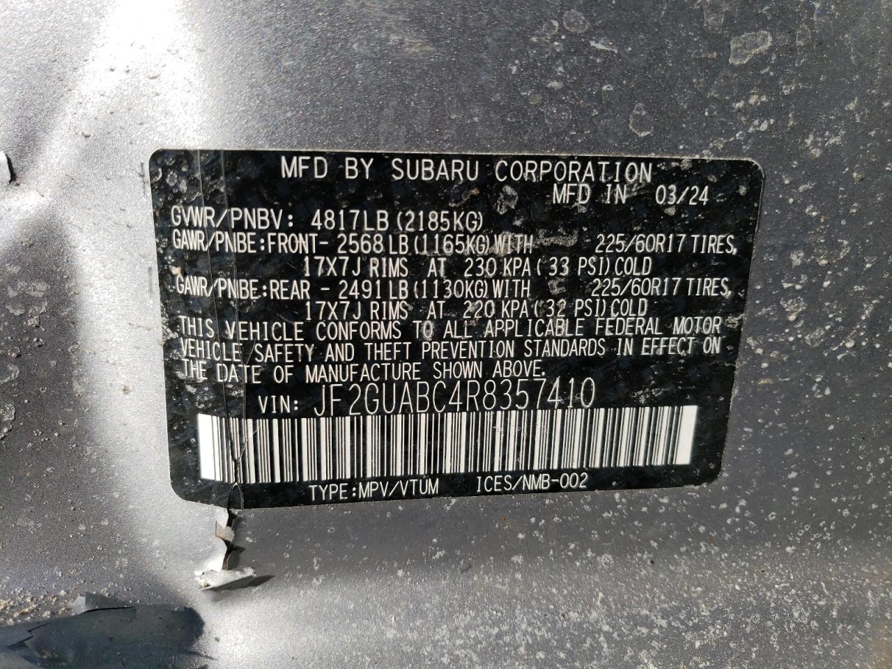 2024 SUBARU CROSSTREK VIN:JF2GUABC4R8357410