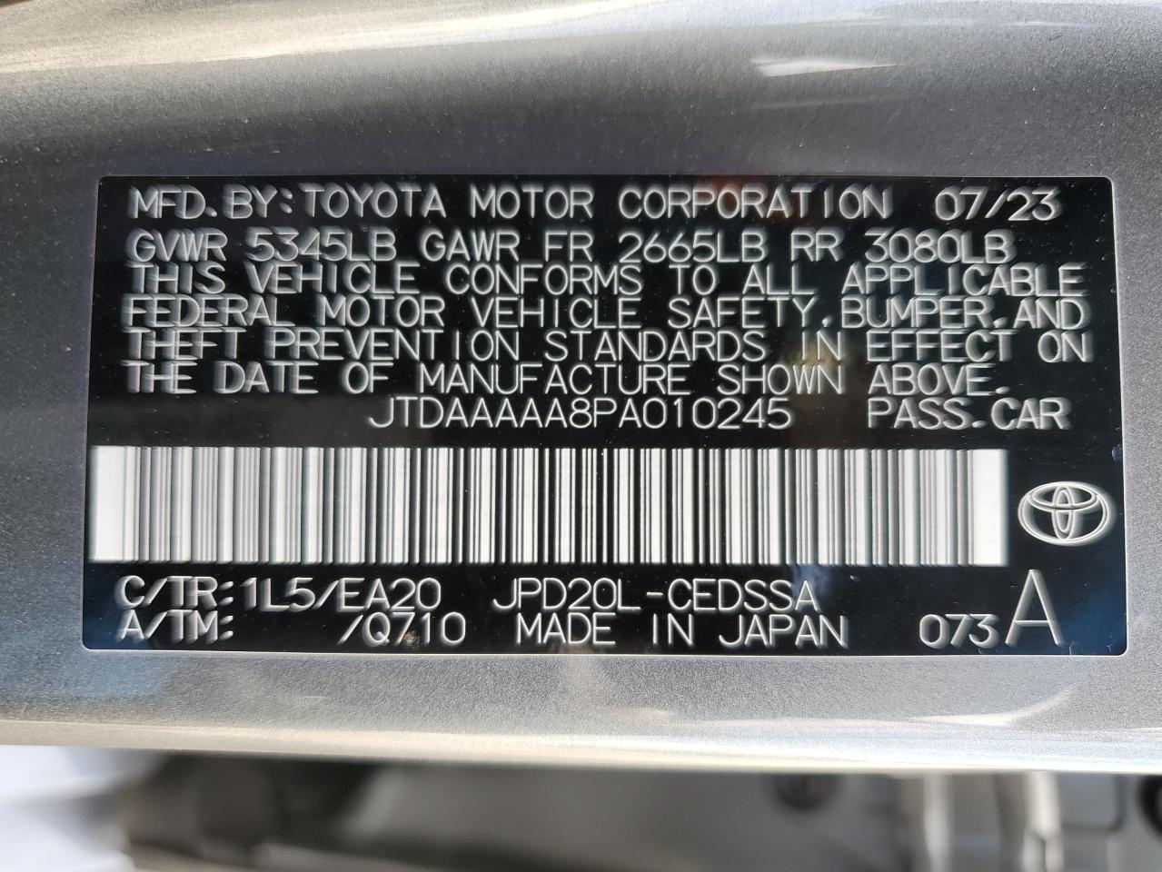 2023 TOYOTA MIRAI XLE VIN:JTDAAAAA8PA010245