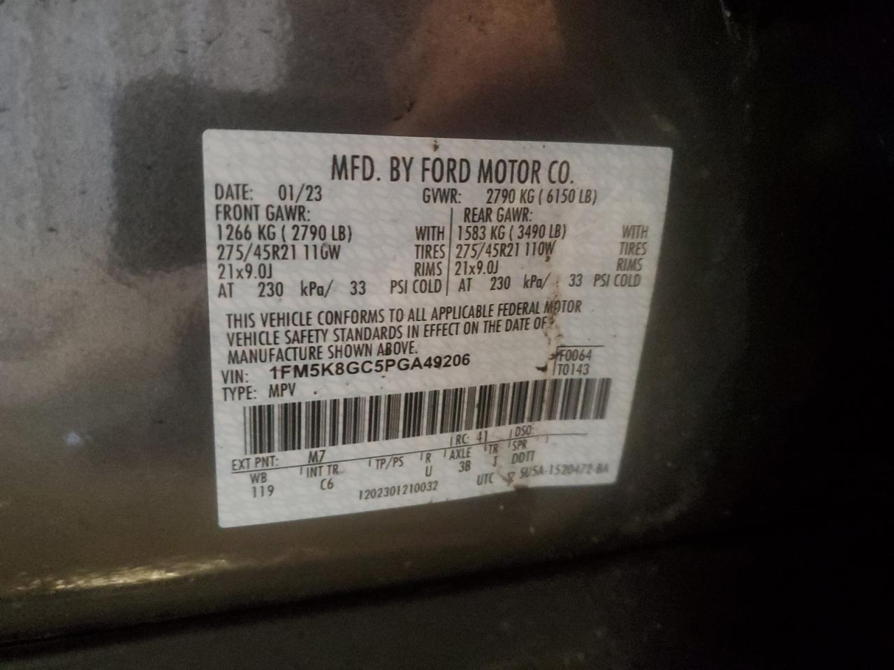 2023 FORD EXPLORER ST VIN:1FM5K8GC5PGA49206