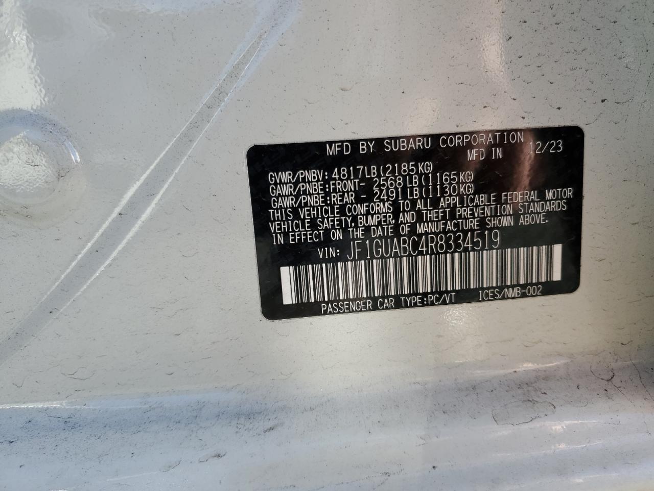 2024 SUBARU IMPREZA VIN:2T1BURHE7KC153355