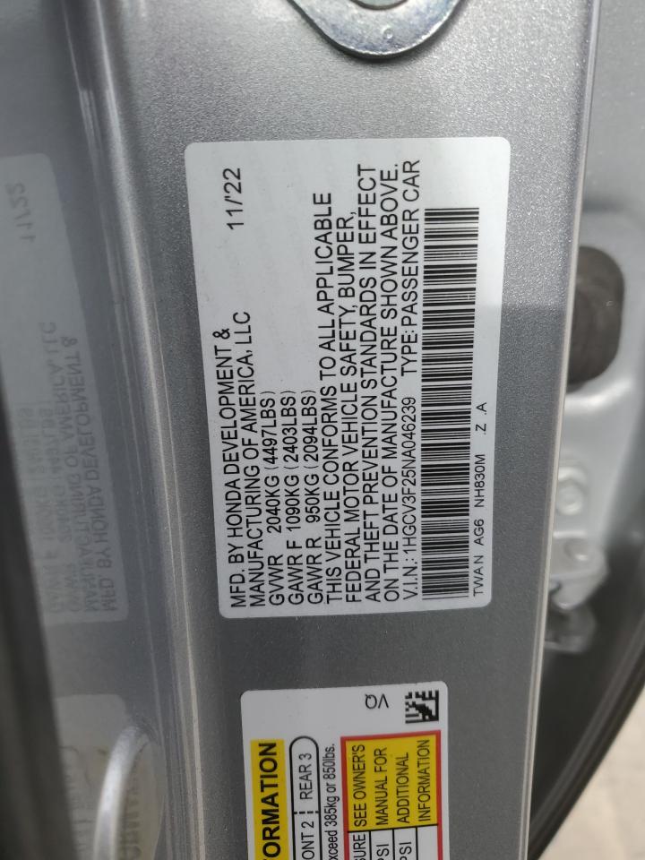 2022 HONDA ACCORD HYBRID SPORT VIN:1HGCV3F25NA046239