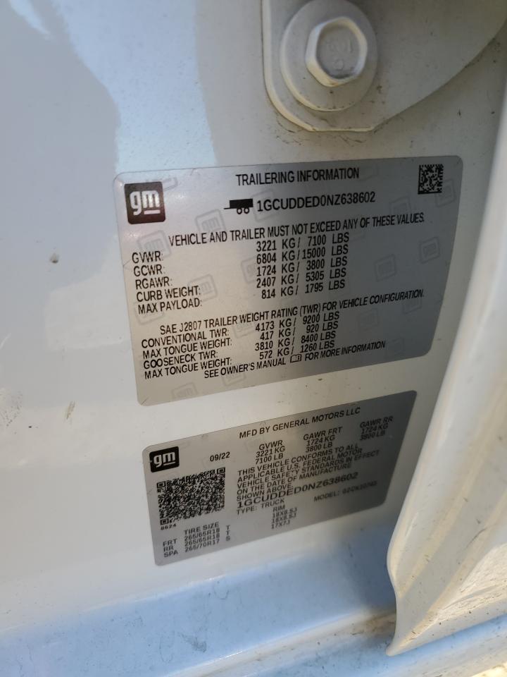 2022 CHEVROLET SILVERADO K1500 LT VIN:1GCUDDED0NZ638602