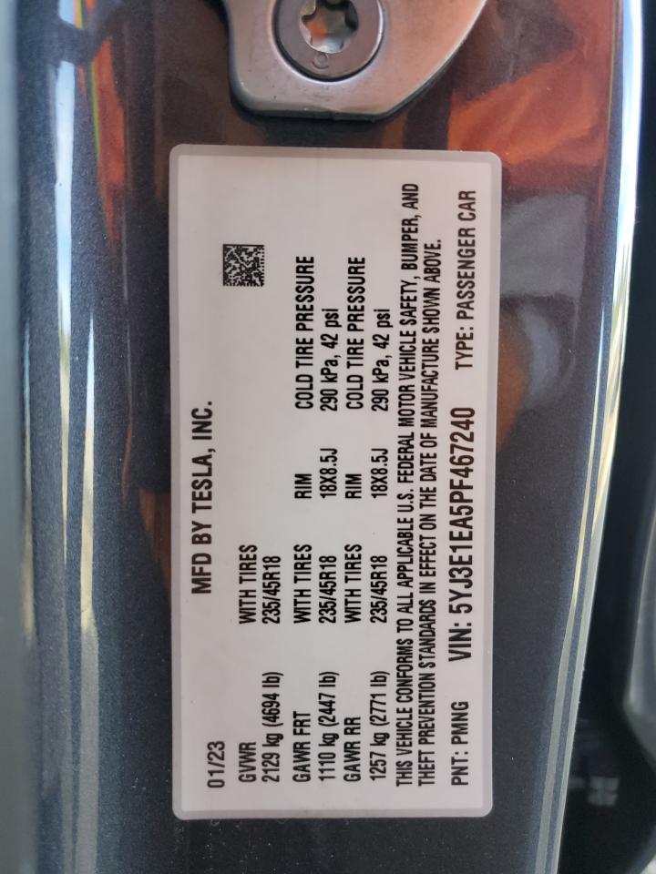 2023 TESLA MODEL 3 VIN:5YJ3E1EA5PF467240