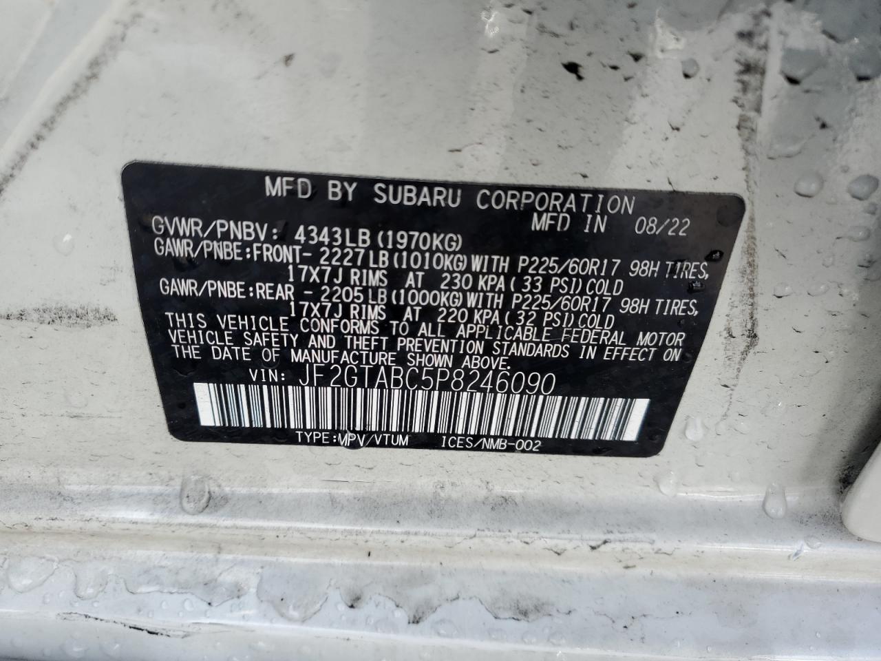 2023 SUBARU CROSSTREK VIN:JF2GTABC5P8246090