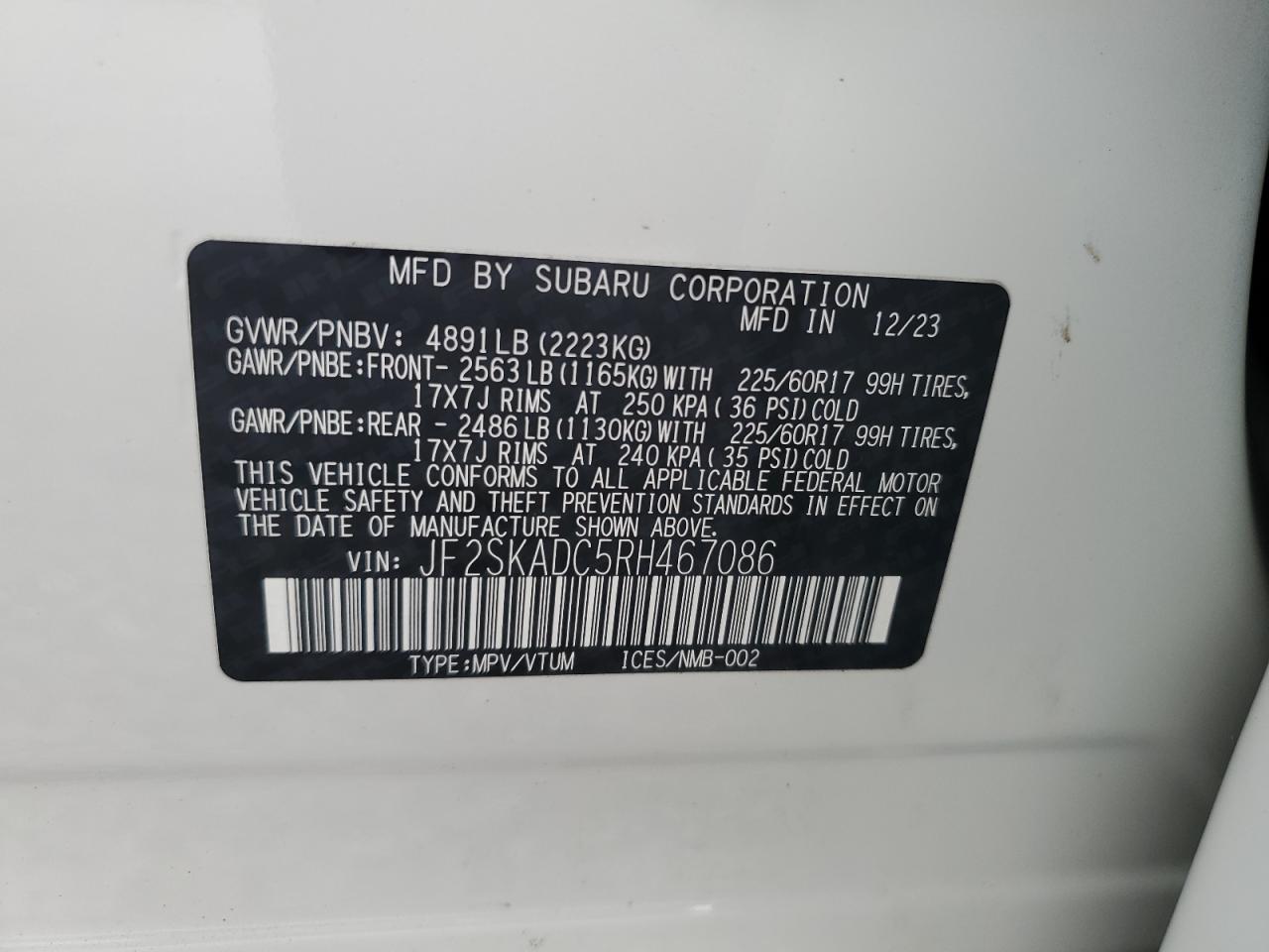 2024 SUBARU FORESTER PREMIUM VIN:JF2SKADC5RH467086