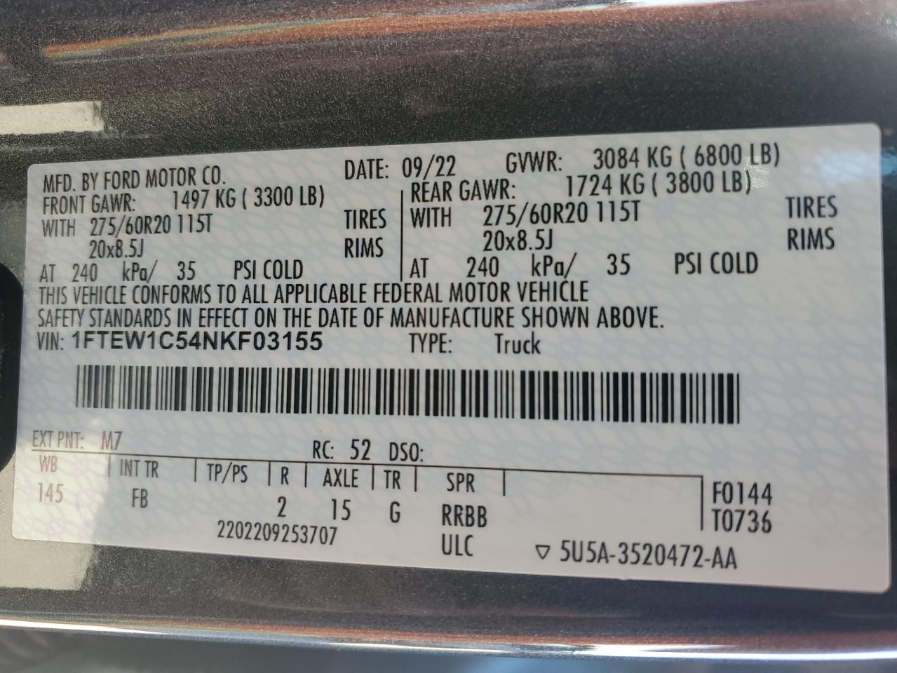 2022 FORD F150 SUPERCREW VIN:1FTEW1C54NKF03155